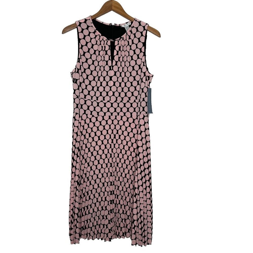 London Times Pleated Dress Size 12 Sleeveless Polka Dot Pink